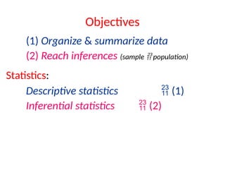 Objectives
(1) Organize & summarize data
(2) Reach inferences (sample  population)
Statistics:
Descriptive statistics  (1)
Inferential statistics  (2)
 