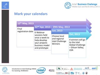 Introduction to Intel Challenge MENA
For tweeting: #ICME2013
Mark your calendars
12th May, 2013
Final
registration date
22nd Apr, 2013 – 29th May, 2013
6 Webinar
sessions held
once a week to
help develop
your projects
business model
and prototype
Jun, 2013
Choose local
and regional
Intel Challenge
Winners
Oct, 2013
4 winners will go
to the Intel
Global Challenge
– Silicon Valley,
USA
 