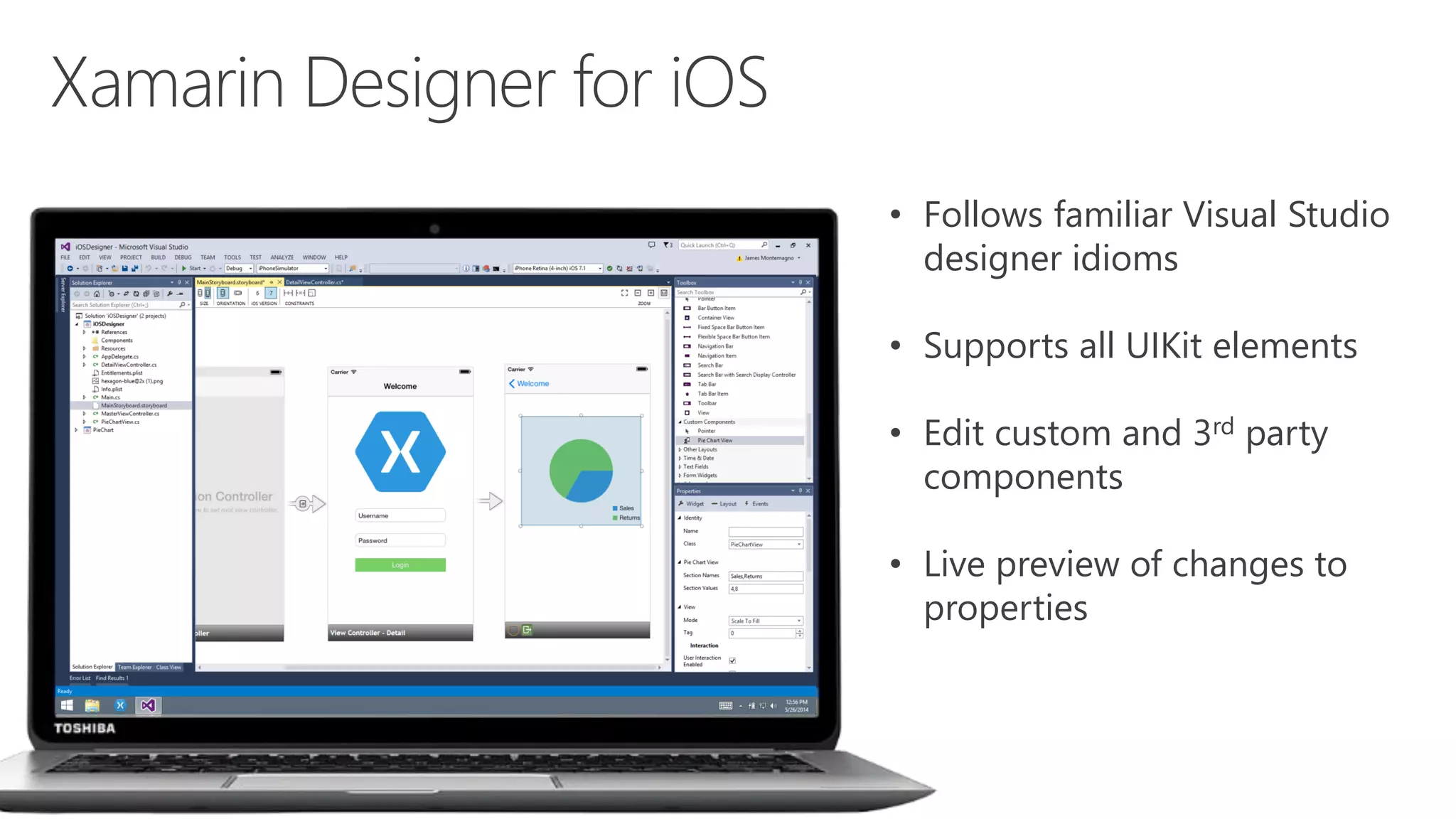 • Follows familiar Visual Studio
designer idioms
• Supports all UIKit elements
• Edit custom and 3rd party
components
• Live preview of changes to
properties
 