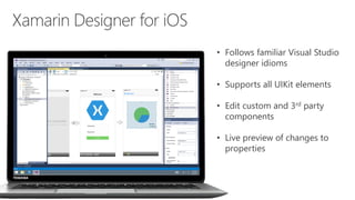 • Follows familiar Visual Studio
designer idioms
• Supports all UIKit elements
• Edit custom and 3rd party
components
• Live preview of changes to
properties
 