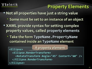 Property Elements Not all properties have just a string value Some must be set to an instance of an object XAML provide syntax for setting complex property values, called  property elements Take the form  TypeName.PropertyName  contained inside an  TypeName   element <Ellipse> <Ellipse.RenderTransform> <RotateTransform Angle=&quot;45&quot; CenterY=&quot;60&quot; /> </Ellipse.RenderTransform> </Ellipse> A property element 