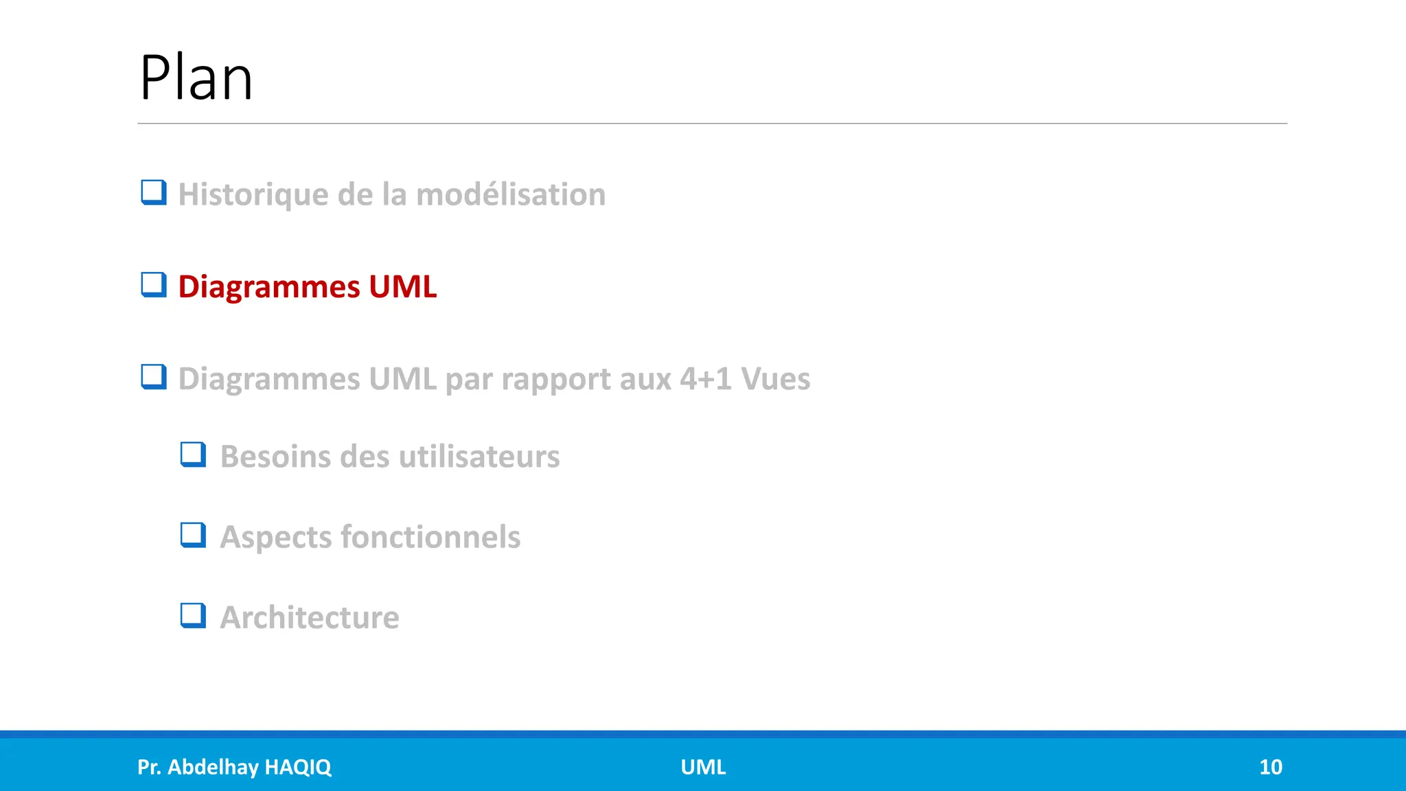 Plan
❑ Historique de la modélisation
❑ Diagrammes UML
❑ Diagrammes UML par rapport aux 4+1 Vues
❑ Besoins des utilisateurs
❑ Aspects fonctionnels
❑ Architecture
Pr. Abdelhay HAQIQ UML 10
 