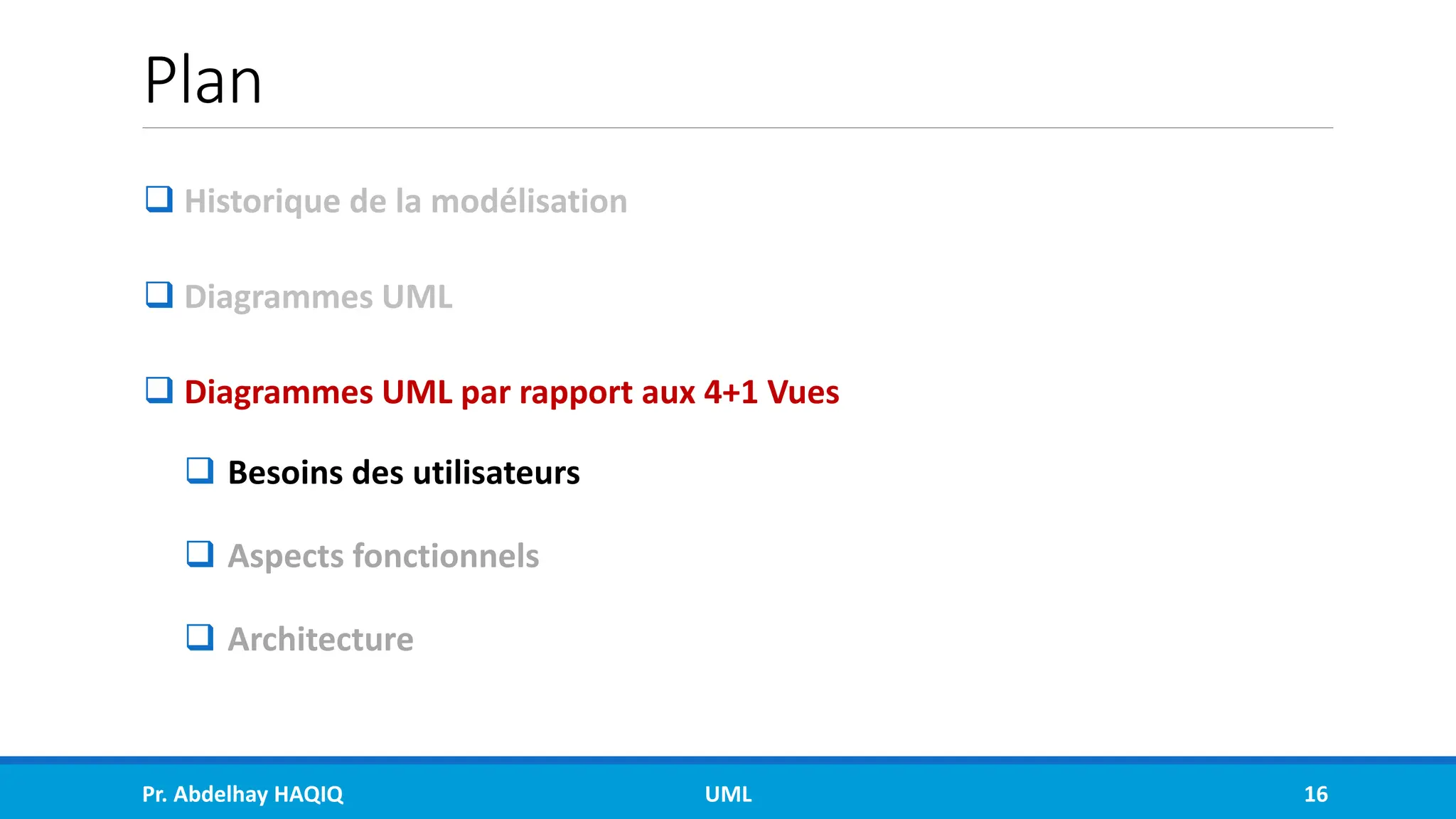 Plan
❑ Historique de la modélisation
❑ Diagrammes UML
❑ Diagrammes UML par rapport aux 4+1 Vues
❑ Besoins des utilisateurs
❑ Aspects fonctionnels
❑ Architecture
Pr. Abdelhay HAQIQ UML 16
 