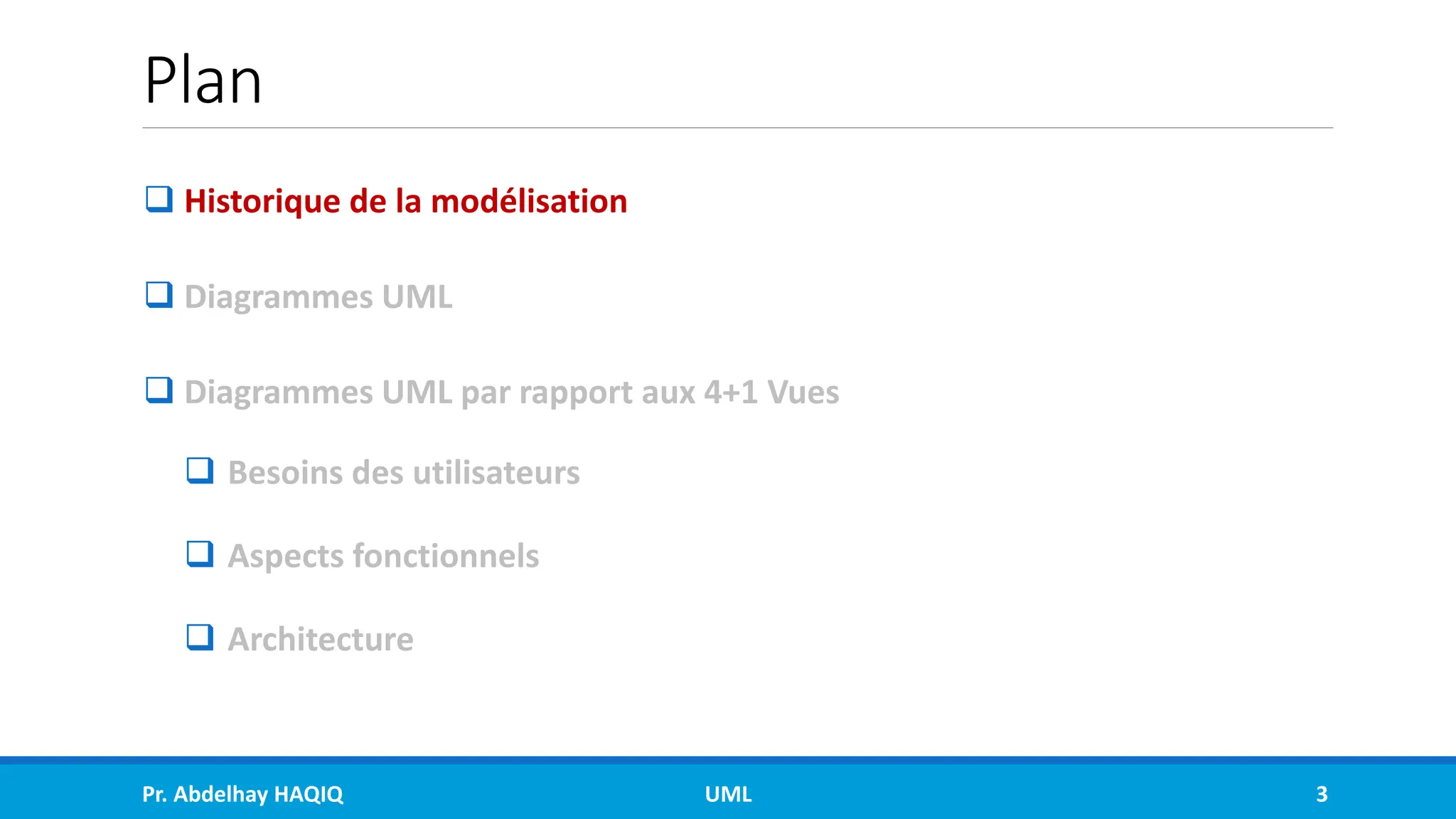 Plan
❑ Historique de la modélisation
❑ Diagrammes UML
❑ Diagrammes UML par rapport aux 4+1 Vues
❑ Besoins des utilisateurs
❑ Aspects fonctionnels
❑ Architecture
Pr. Abdelhay HAQIQ UML 3
 