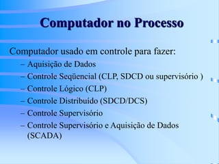 Computador no Processo
Computador usado em controle para fazer:
– Aquisição de Dados
– Controle Seqüencial (CLP, SDCD ou supervisório )
– Controle Lógico (CLP)
– Controle Distribuído (SDCD/DCS)
– Controle Supervisório
– Controle Supervisório e Aquisição de Dados
(SCADA)
 