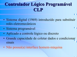 Controlador Lógico Programável
CLP
• Sistema digital (1969) introduzido para substituir
relés eletromecânicos
• Sistema programável
• Aplicado a controle lógico ou discreto
• Grande capacidade de coletar dados e condicionar
sinais
• Não possui(a) interface homem-máquina
 