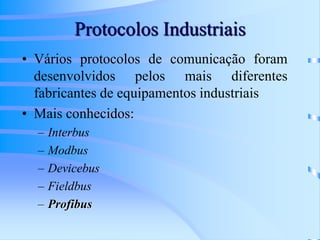 Protocolos Industriais
• Vários protocolos de comunicação foram
desenvolvidos pelos mais diferentes
fabricantes de equipamentos industriais
• Mais conhecidos:
– Interbus
– Modbus
– Devicebus
– Fieldbus
– Profibus
 