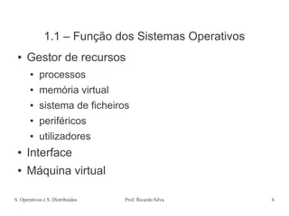 S. Operativos e S. Distribuídos Prof. Ricardo Silva 6
1.1 – Função dos Sistemas Operativos
● Gestor de recursos
● processos
● memória virtual
● sistema de ficheiros
● periféricos
● utilizadores
● Interface
● Máquina virtual
 