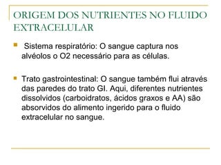 ORIGEM DOS NUTRIENTES NO FLUIDO
EXTRACELULAR
 Sistema respiratório: O sangue captura nos
alvéolos o O2 necessário para as células.
 Trato gastrointestinal: O sangue também flui através
das paredes do trato GI. Aqui, diferentes nutrientes
dissolvidos (carboidratos, ácidos graxos e AA) são
absorvidos do alimento ingerido para o fluido
extracelular no sangue.
 