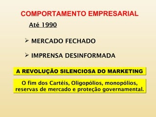 COMPORTAMENTO EMPRESARIAL
Até 1990
 MERCADO FECHADO
 IMPRENSA DESINFORMADA
O fim dos Cartéis, Oligopólios, monopólios,
reservas de mercado e proteção governamental.
O fim dos Cartéis, Oligopólios, monopólios,
reservas de mercado e proteção governamental.
A REVOLUÇÃO SILENCIOSA DO MARKETINGA REVOLUÇÃO SILENCIOSA DO MARKETING
 