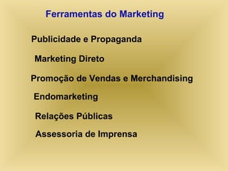 Publicidade e Propaganda
Marketing Direto
Endomarketing
Relações Públicas
Assessoria de Imprensa
Ferramentas do Marketing
Promoção de Vendas e Merchandising
 
