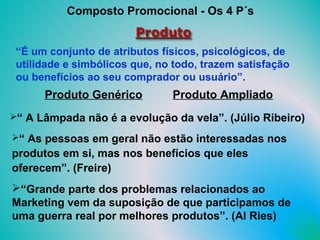 Composto Promocional - Os 4 P´s
Produto Genérico Produto Ampliado
“É um conjunto de atributos físicos, psicológicos, de
utilidade e simbólicos que, no todo, trazem satisfação
ou benefícios ao seu comprador ou usuário”.
“ A Lâmpada não é a evolução da vela”. (Júlio Ribeiro)
“ As pessoas em geral não estão interessadas nos
produtos em si, mas nos benefícios que eles
oferecem”. (Freire)
“Grande parte dos problemas relacionados ao
Marketing vem da suposição de que participamos de
uma guerra real por melhores produtos”. (Al Ries)
 