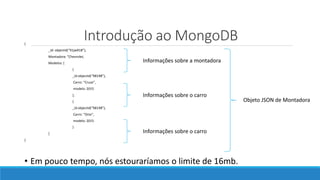 Introdução ao MongoDB{
_id: objectId(“91jw918”),
Montadora: “Chevrolet,
Modelos: [
{
_id:objectid(“98198”),
Carro: “Cruze”,
modelo: 2015
},
{
_id:objectid(“98198”),
Carro: “Onix”,
modelo: 2015
}
]
}
• Em pouco tempo, nós estouraríamos o limite de 16mb.
Informações sobre o carro
Informações sobre o carro
Informações sobre a montadora
Objeto JSON de Montadora
 