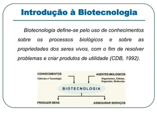Introdução à Biotecnologia 
Biotecnologia define-se pelo uso de conhecimentos 
sobre os processos biológicos e sobre as 
propriedades dos seres vivos, com o fim de resolver 
problemas e criar produtos de utilidade (CDB, 1992). 
 