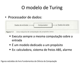 O modelo de Turing
Figuras extraídas do livro Fundamentos da Ciência da Computação
• Processador de dados:
 Executa sempre a mesma computação sobre a
entrada
 É um modelo dedicado a um propósito
 Ex: calculadora, sistema de freios ABS, alarme
 