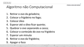 Algoritmo não Computacional
1. Retirar o ovo da geladeira;
2. Colocar a frigideira no fogo;
3. Colocar óleo
4. Esperar até o óleo ficar quente;
5. Quebrar o ovo separando a casca;
6. Colocar o conteúdo do ovo na frigideira
7. Esperar um minuto
8. Retirar o ovo da frigideira;
9. Apagar o foco
 