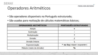 Operadores Aritméticos
• São operadores disponíveis no Português estruturado;
• São usados para realização de cálculos matemáticos básicos;
 