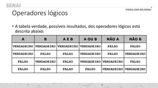 Operadores lógicos
• A tabela verdade, possíveis resultados, dos operadores lógicos está
descrita abaixo:
 