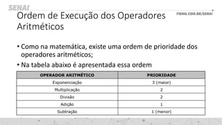 Ordem de Execução dos Operadores
Aritméticos
• Como na matemática, existe uma ordem de prioridade dos
operadores aritméticos;
• Na tabela abaixo é apresentada essa ordem
 