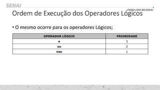 Ordem de Execução dos Operadores Lógicos
• O mesmo ocorre para os operadores Lógicos;
 