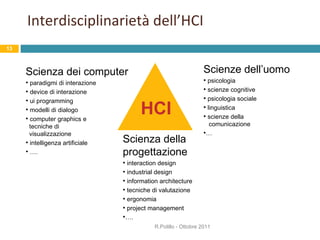 Interdisciplinarietà dell’HCI R.Polillo - Ottobre 2011 Scienze dell’uomo psicologia scienze cognitive psicologia sociale linguistica scienze della    comunicazione … Scienza dei computer paradigmi di interazione device di interazione ui programming modelli di dialogo computer graphics e   tecniche di    visualizzazione intelligenza artificiale … . HCI Scienza della progettazione interaction design industrial design information architecture tecniche di valutazione ergonomia project management … . 