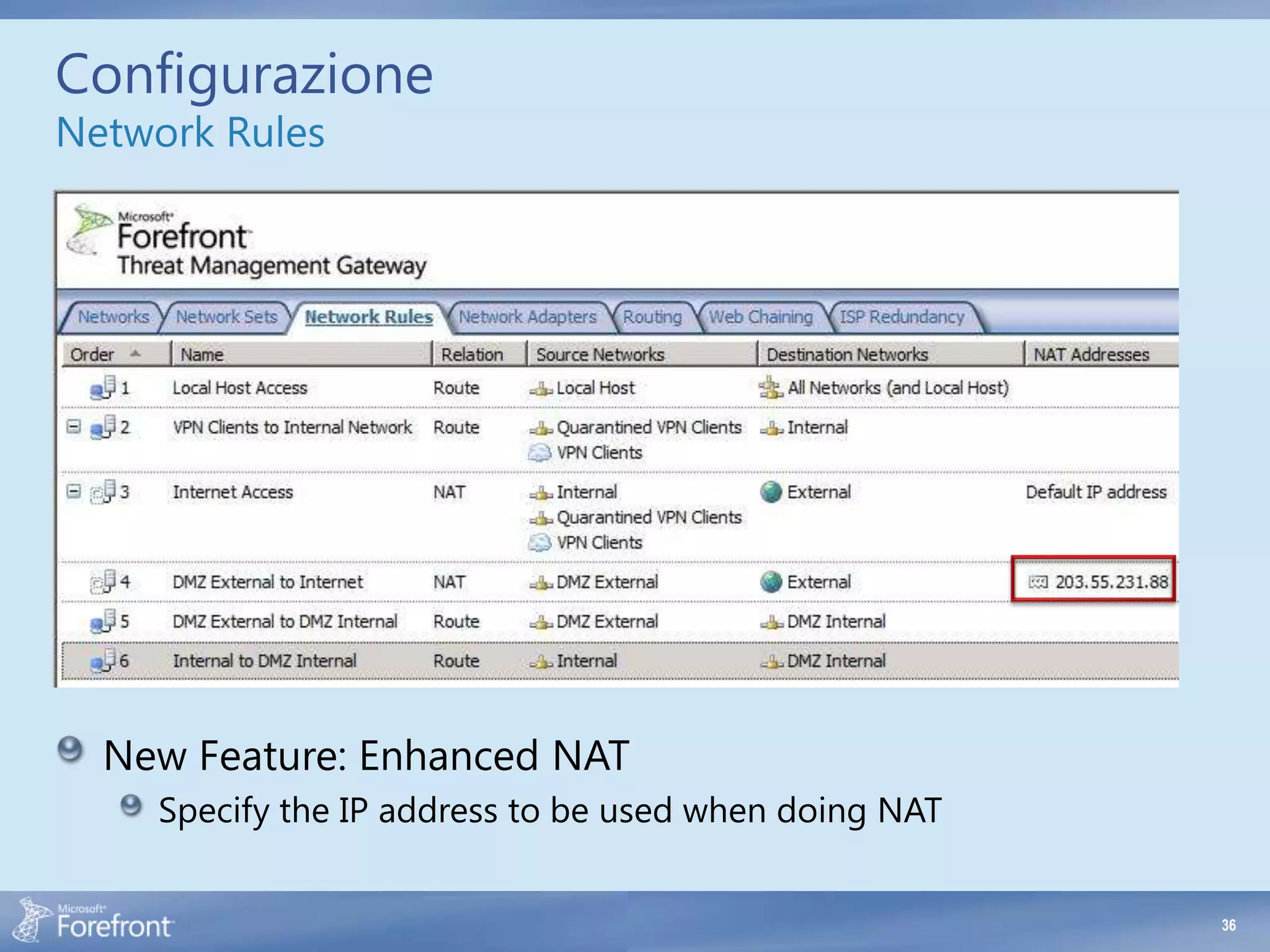 Configurazione
Network Rules




  New Feature: Enhanced NAT
    Specify the IP address to be used when doing NAT


                                                       36
 