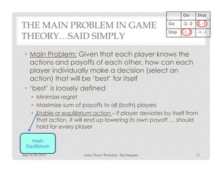 THE MAIN PROBLEM IN GAME
THEORY…SAID SIMPLY
• Main Problem: Given that each player knows the
actions and payoffs of each other, how can each
player individually make a decision (select an
action) that will be ‘best’ for itself
• ‘best’ is loosely defined
Go Stop
Go -2, -2 2, -1
Stop -1, 2 -1, -1
• ‘best’ is loosely defined
• Minimize regret
• Maximize sum of payoffs to all (both) players
• Stable or equilibrium action – if player deviates by itself from
that action, it will end up lowering its own payoff … should
hold for every player
Nash
Equilibrium
June 16-20, 2014 21Game Theory Workshop - Raj Dasgupta
 