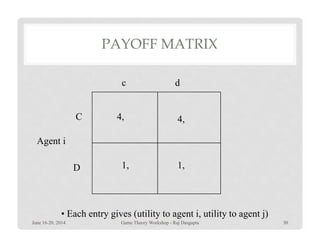 PAYOFF MATRIX
4, 4,C
dc
1, 1,
4,
D
Agent i
• Each entry gives (utility to agent i, utility to agent j)
June 16-20, 2014 30Game Theory Workshop - Raj Dasgupta
 