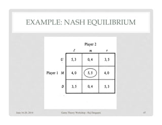 EXAMPLE: NASH EQUILIBRIUM
June 16-20, 2014 47Game Theory Workshop - Raj Dasgupta
 