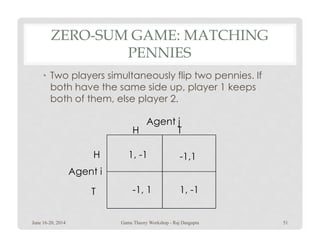 ZERO-SUM GAME: MATCHING
PENNIES
• Two players simultaneously flip two pennies. If
both have the same side up, player 1 keeps
both of them, else player 2.
Agent j
1, -1
-1, 1 1, -1
-1,1H
T
TH
Agent i
Agent j
June 16-20, 2014 51Game Theory Workshop - Raj Dasgupta
 