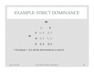 EXAMPLE: STRICT DOMINANCE
RL
U 1, -1 -1, 1
P1
P2
D
M -1, 1 1, -1
-2, 5 -3, 2
P1
• For player 1, D is strictly dominated by U and M
June 16-20, 2014 60Game Theory Workshop - Raj Dasgupta
 