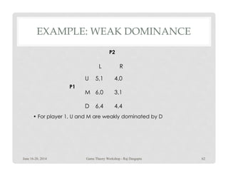 EXAMPLE: WEAK DOMINANCE
RL
U 5,1 4,0
P1
P2
D
M 6,0 3,1
6,4 4,4
P1
• For player 1, U and M are weakly dominated by D
June 16-20, 2014 62Game Theory Workshop - Raj Dasgupta
 