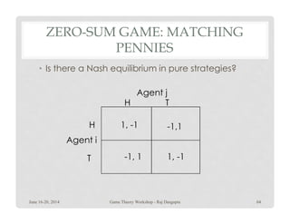 ZERO-SUM GAME: MATCHING
PENNIES
• Is there a Nash equilibrium in pure strategies?
TH
Agent j
1, -1
-1, 1 1, -1
-1,1H
T
Agent i
June 16-20, 2014 64Game Theory Workshop - Raj Dasgupta
 