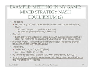 EXAMPLE: MEETING IN NY GAME:
MIXED STRATEGY NASH
EQUILIBRIUM (2)
• T reasons:
• Let me play GC with probability σs and ES with probability (1- σs)
• Then,
• if S plays G it gets a payoff 100 σs + 0(1- σs)
• if S plays E it gets a payoff 0 σs +1000(1- σs)
• Recall:
• Each player should play its strategies with such probabilities that it• Each player should play its strategies with such probabilities that it
does not matter to its opponent what strategy that player plays.
• In other words, T should be indifferent (get the same payoff)
from either strategy that S plays
• Therefore,
• 100 σs + 0(1- σs) = 0 σs +1000(1- σs)
• or, 1100σs =1000, or, σs = 10/11
• By similar reasoning, S plays GC with probability σT =10/11
• σs = σT = 10/11 constitutes a mixed strategy nash equilibrium of
the meeting in NY game
June 16-20, 2014 69Game Theory Workshop - Raj Dasgupta
 