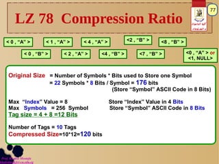 Prof. Khaled Mostafa
khaledms@fci-cu.edu.eg
‫الحاسبات‬ ‫كلية‬
‫المعـلومات‬ ‫و‬
77
LZ 78 Compression Ratio
Original Size = ...
