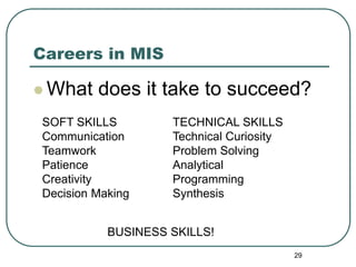29
Careers in MIS
 What does it take to succeed?
SOFT SKILLS
Communication
Teamwork
Patience
Creativity
Decision Making
TECHNICAL SKILLS
Technical Curiosity
Problem Solving
Analytical
Programming
Synthesis
BUSINESS SKILLS!
 