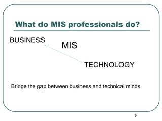 5
What do MIS professionals do?
BUSINESS
TECHNOLOGY
MIS
Bridge the gap between business and technical minds
 
