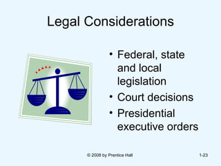 Legal Considerations Federal, state and local legislation Court decisions Presidential executive orders © 2008 by Prentice Hall  1- 