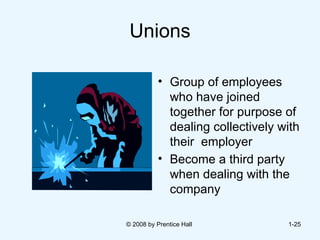Unions Group of employees who have joined together for purpose of dealing collectively with their  employer Become a third party when dealing with the company   © 2008 by Prentice Hall  1- 