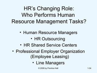 HR’s Changing Role: Who Performs Human  Resource Management Tasks? Human Resource Managers HR Outsourcing  HR Shared Service Centers Professional Employer Organization (Employee Leasing)  Line Managers © 2008 by Prentice Hall  1- 