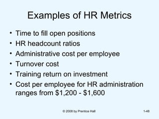 Examples of HR Metrics Time to fill open positions HR headcount ratios Administrative cost per employee Turnover cost  Training return on investment  Cost per employee for HR administration ranges from $1,200 - $1,600  © 2008 by Prentice Hall  1- 
