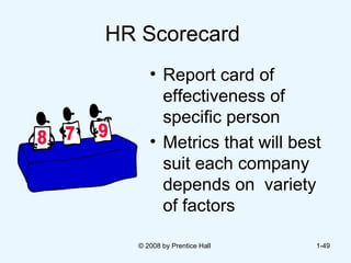 HR Scorecard  Report card of effectiveness of specific person Metrics that will best suit each company depends on  variety of factors  © 2008 by Prentice Hall  1- 