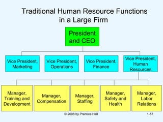 Traditional Human Resource Functions in a Large Firm © 2008 by Prentice Hall  1- President and CEO Vice President, Marketing Vice President, Operations Vice President, Finance Vice President, Human Resources Manager, Training and Development Manager, Compensation Manager, Staffing Manager, Safety and Health Manager, Labor Relations 