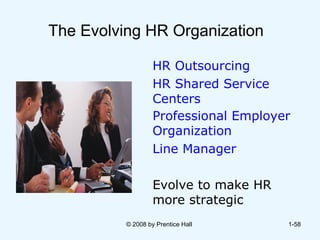 The Evolving HR Organization HR Outsourcing HR Shared Service Centers   Professional Employer Organization   Line Manager Evolve to make HR more strategic © 2008 by Prentice Hall  1- 