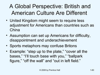 A Global Perspective: British and American Culture Are Different  United Kingdom might seem to require less adjustment for Americans than countries such as China  Assumption can set up Americans for difficulty, disappointment and underachievement  Sports metaphors may confuse Britons  Example: “step up to the plate,” “cover all the bases,” “I’ll touch base with you,” “ballpark figure,” “off the wall” and “out in left field.”  © 2008 by Prentice Hall  1- 