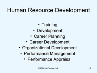 Human Resource Development Training Development Career Planning Career Development Organizational Development Performance Management Performance Appraisal © 2008 by Prentice Hall  1- 