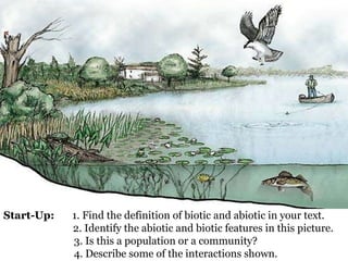 Start-Up:   1. Find the definition of biotic and abiotic in your text. 2. Identify the abiotic and biotic features in this picture.   3. Is this a population or a community?   4. Describe some of the interactions shown. 