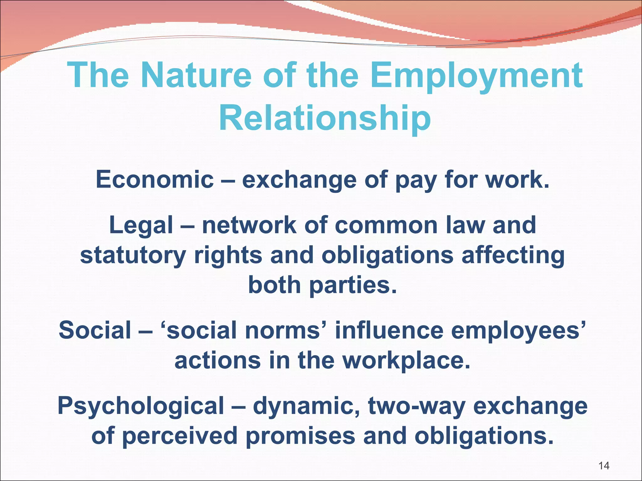The Nature of the Employment
        Relationship
   Economic – exchange of pay for work.
   Legal – network of common law and
 statutory rights and obligations affecting
                both parties.
Social – ‘social norms’ influence employees’
           actions in the workplace.
Psychological – dynamic, two-way exchange
  of perceived promises and obligations.
                                               14
 