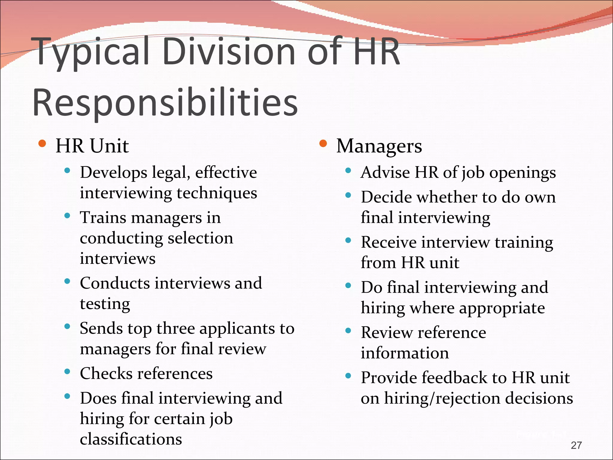 Typical Division of HR
Responsibilities
 HR Unit                              Managers
   Develops legal, effective            Advise HR of job openings
      interviewing techniques            Decide whether to do own
     Trains managers in                    final interviewing
      conducting selection                 Receive interview training
      interviews                            from HR unit
     Conducts interviews and              Do final interviewing and
      testing                               hiring where appropriate
     Sends top three applicants to        Review reference
      managers for final review             information
     Checks references                    Provide feedback to HR unit
     Does final interviewing and           on hiring/rejection decisions
      hiring for certain job
                                                                 Figure 1–1
      classifications                                                         27
 