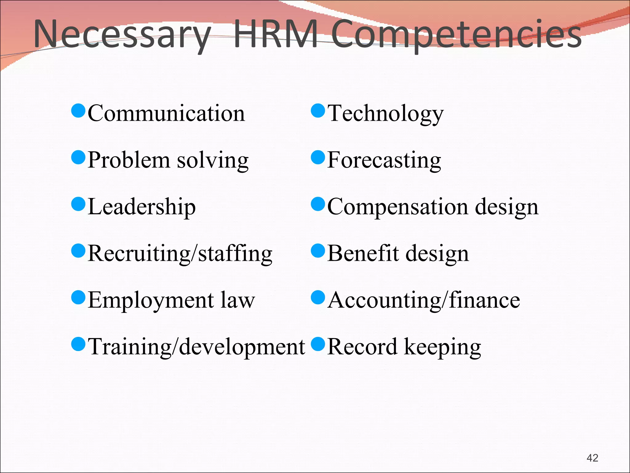 Necessary HRM Competencies
 Communication         Technology
 Problem solving       Forecasting
 Leadership            Compensation design
 Recruiting/staffing   Benefit design
 Employment law        Accounting/finance
 Training/development Record keeping



                                               42
 